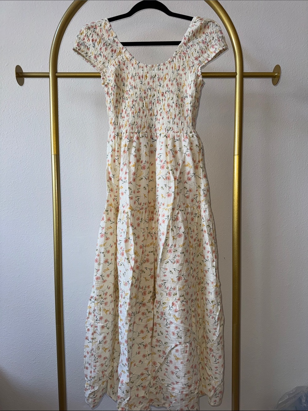 Cream Floral Smocked Maxi Dress